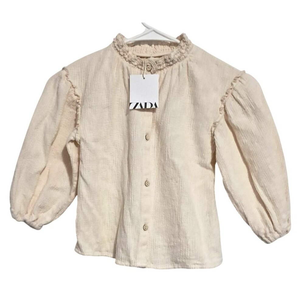 ZARA Girls Blouse Size 3-4 Cream Cotton Puff Sleeve Button Down Top With Ruffle